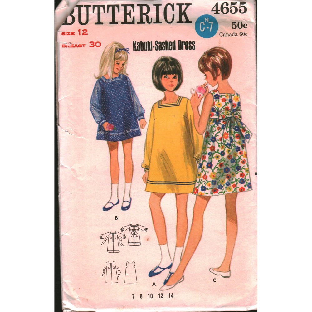 Vintage Butterick 4655 Girls Kabuki Sashed Dress Sewing Pattern Size 12 B 30